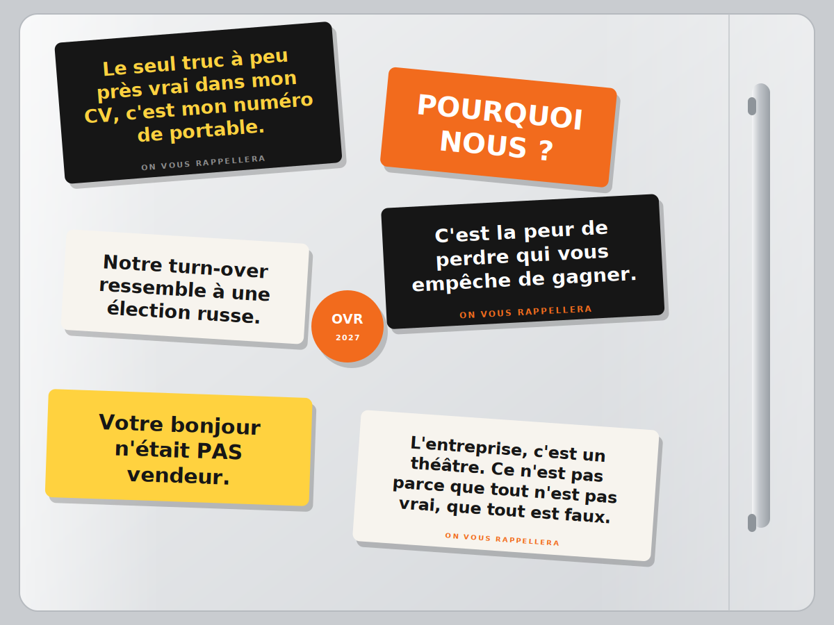Magnets ON VOUS RAPPELLERA reprenant les répliques de la pièce, sur une porte de réfrigérateur